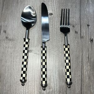MacKenzie-Childs Supper Club Fork Knife Spoon 3 PC Flatware Set Courtly  Check